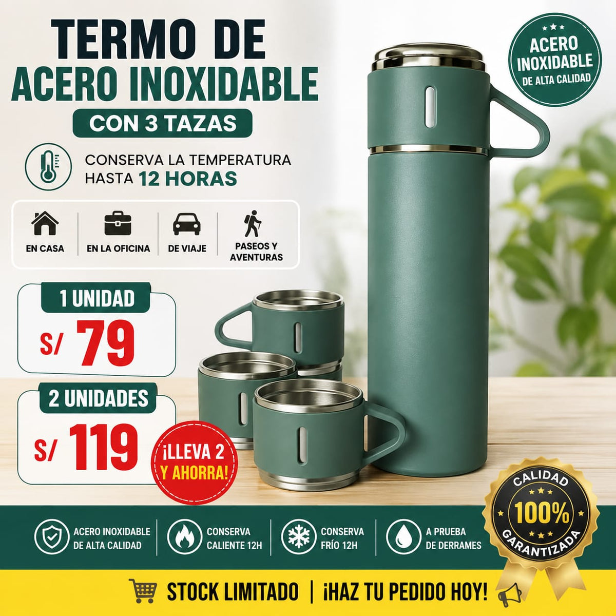 Termo de Acero Inoxidable con 3 Tazas Conserva Temperatura 12h - Mas Bolsa de Regalo