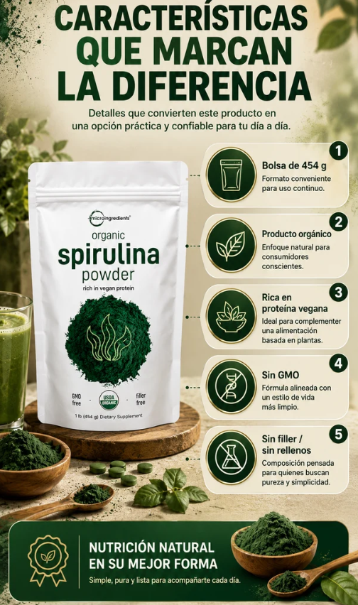 Micro Ingredients Polvo de espirulina orgánica, 400g
