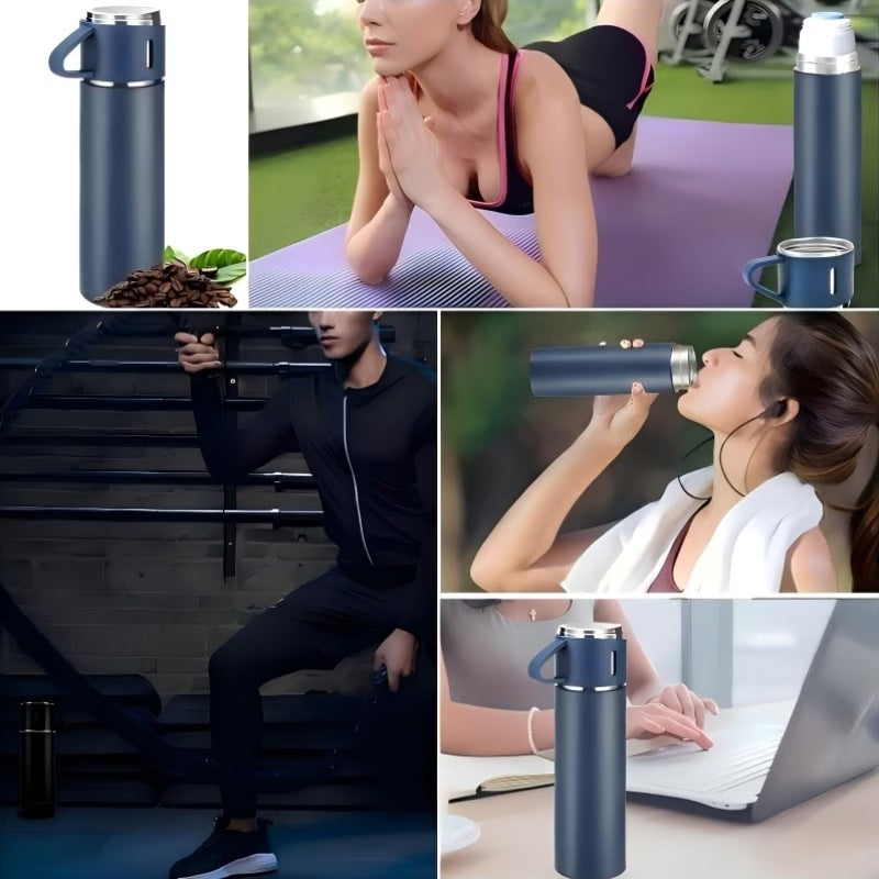 Termo de Acero Inoxidable con 3 Tazas Conserva Temperatura 12h - Mas Bolsa de Regalo