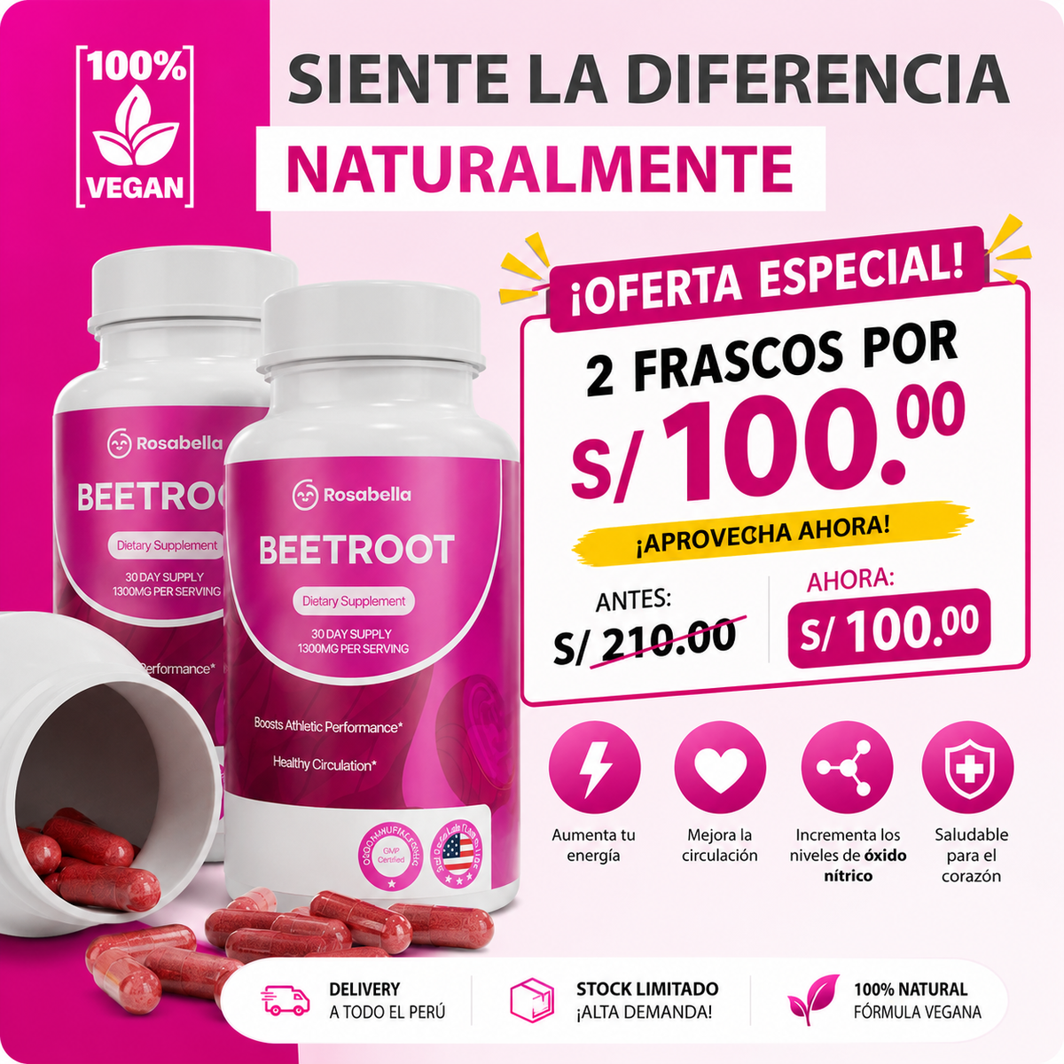 BeetRoot - Remolacha 1300mg 60 Cápsulas - OFERTA SOLO POR HOY 2X1