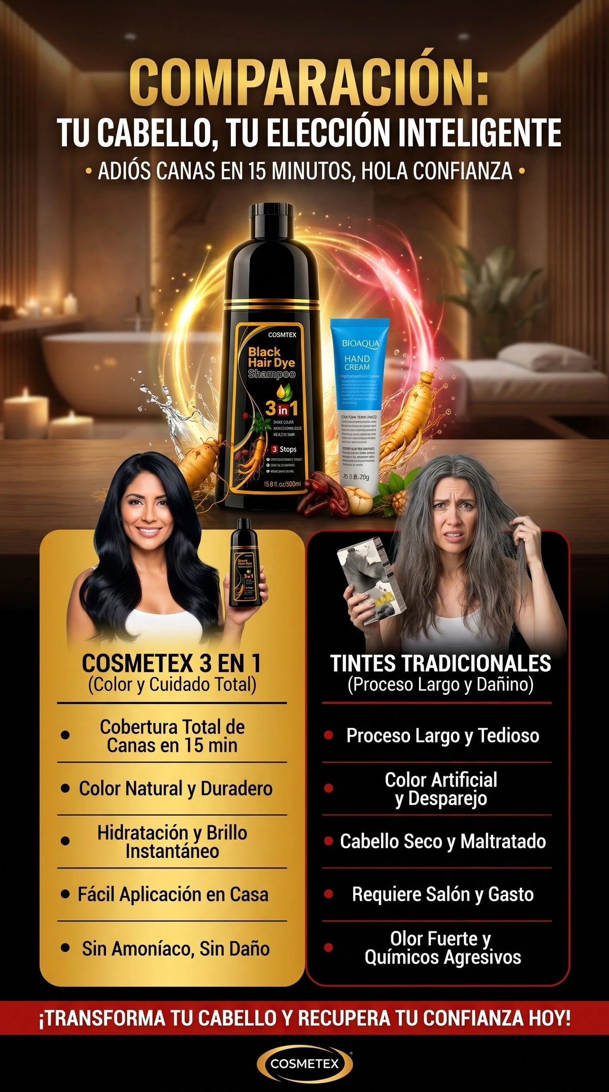 SHAMPOO TINTE CUBRE CANAS 3 IN 1 - INCLUYE 2 REGALOS SORPRESA