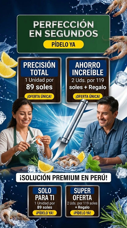 ShrimPro® Cuchillo Pelador de Camarones 5 en 1 | Pela y Desvena en Segundos